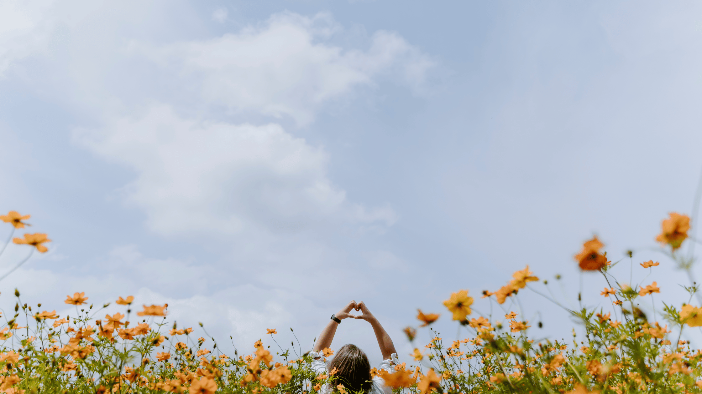 Woman in field holding hands up in heart shape to express gratitude after working with a nutritionist for menopause.